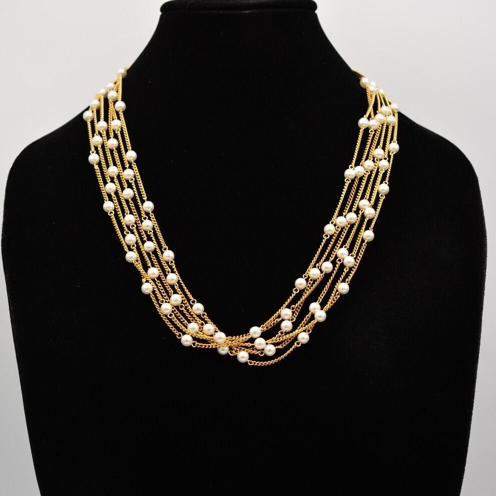Celebrity Ny Vintage Multi-Chain Necklace Layered Faux Pearl Gold Signed Bin2